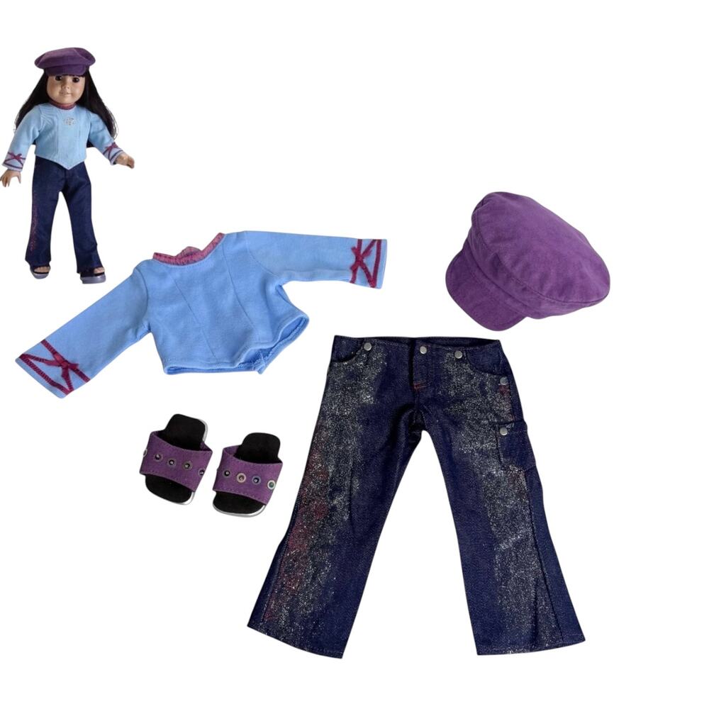 American Girl Doll Glitter Jean Outfit Blue Jeans Purple Hat Top Platform Shoes